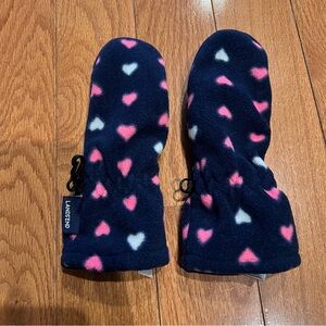 Kids Girls Lands' End navy blue fleece mittens pink white hearts size small
